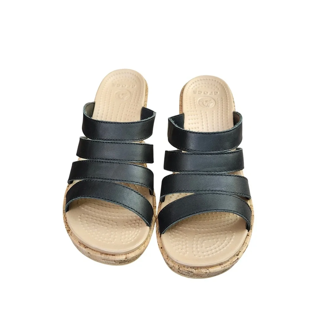 Crocs A-Leigh Leather Slide Wedge Black Tan Cork Sandals Womens 9 Beach Comfort